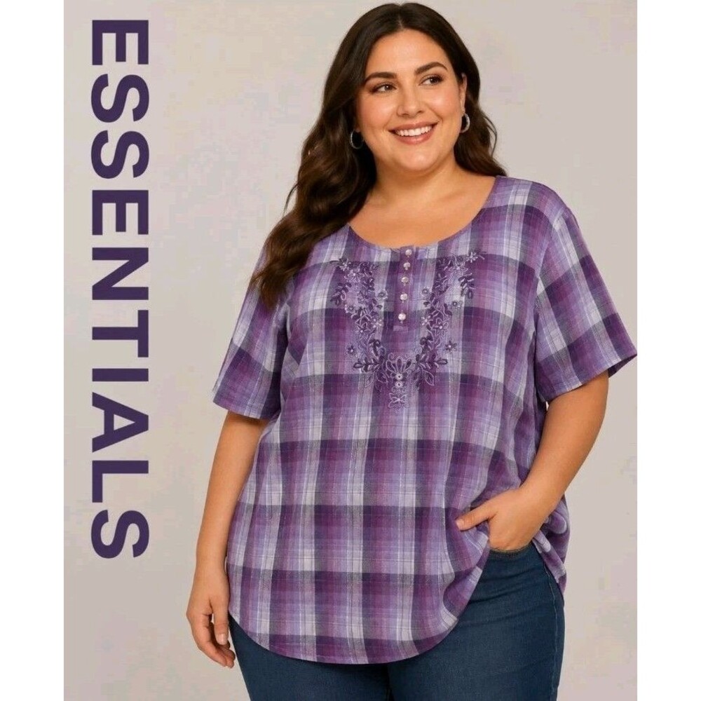 Essentials Womens 3X Plaid Metallic Embroidery Short Sleeve Purple Boho Top